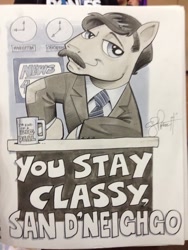 Size: 768x1024 | Tagged: safe, artist:andypriceart, imported from derpibooru, earth pony, pony, anchorman, andy you magnificent bastard, clock, clothes, facial hair, male, moustache, mug, necktie, ponified, ron burgundy, signature, solo, stallion, suit, text, traditional art