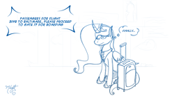 Size: 1250x703 | Tagged: safe, artist:midnightsix3, imported from derpibooru, princess luna, lunadoodle, curved horn, female, luggage, monochrome, solo