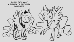 Size: 500x288 | Tagged: safe, artist:egophiliac, imported from derpibooru, princess celestia, princess luna, dialogue, monochrome