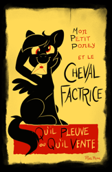 Size: 810x1242 | Tagged: safe, artist:pixel-prism, imported from derpibooru, derpy hooves, pegasus, pony, bronycon, 2014, convention, female, fine art parody, french, la tournée du chat noir avec rodolphe salis, le chat noir, letter, mare, mouth hold, poster, silhouette, solo