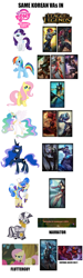 Size: 1024x3400 | Tagged: safe, imported from derpibooru, fluttershy, princess celestia, princess luna, rainbow dash, rarity, sapphire shores, zecora, alicorn, earth pony, fox, human, pegasus, unicorn, zebra, ahri, annie, diana, diana the scorn of the moon, exploitable meme, fiora, fiora laurent, fizz, flutterguy, irelia, jeong yu-mi, jo hyeon-jeong, kim sang-hyeon, kitsune, korea, korean, league of legends, lee yong-shin, meme, nami (league of legends), nasus, quinn, rhee ji-yeong, riven, same voice actor, sejuani, shi yeong-joon, vi, voice actor joke, volibear, whisker markings, yang jeong-hwa, yeo min-jeong