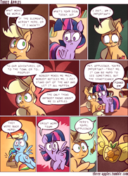 Size: 944x1294 | Tagged: safe, artist:capnpea, artist:kefkafloyd, imported from derpibooru, applejack, rainbow dash, twilight sparkle, alicorn, earth pony, pegasus, pony, comic:three apples, comic, element of honesty, elements of harmony, existential crisis, female, golden oaks library, mare, no pupils, twilight sparkle (alicorn)