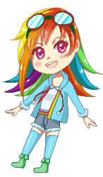 Size: 175x300 | Tagged: safe, artist:reaper145, imported from derpibooru, rainbow dash, human, blushing, boots, chibi, clothes, denim shorts, goggles, humanized, jacket, pixel art, shirt, shoes, shorts, socks