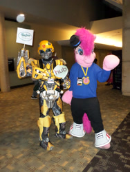 Size: 1944x2592 | Tagged: safe, imported from derpibooru, pinkie pie, bronycon, bumblebee, bumblebee (transformers), fursuit, hubble, irl, photo, rapper pie, transformers