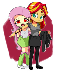 Size: 629x760 | Tagged: safe, artist:twilite-sparkleplz, imported from derpibooru, fluttershy, sunset shimmer, bat pony, vampire, equestria girls, chibi, clothes, consensual vampirism, cute, fangs, female, flutterbat, lesbian, shipping, shyabates, shyabetes, skirt, sunshyne, tanktop