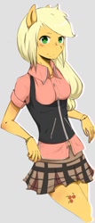 Size: 400x935 | Tagged: safe, artist:meowbox3, imported from derpibooru, applejack, anthro, clothes, female, simple background, skirt, solo