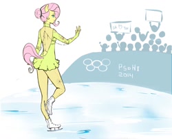 Size: 900x730 | Tagged: safe, artist:meowbox3, imported from derpibooru, fluttershy, anthro, back, figure skating, heart, ice skates, ice skating, olympic games, olympic winter games, olympics, smiling, sochi 2014, waving, winter olympic games, winter olympics
