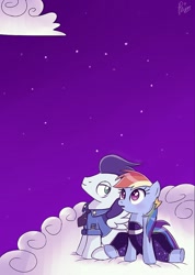 Size: 753x1060 | Tagged: safe, artist:phinbella-flynn, imported from derpibooru, rainbow dash, soarin', blushing, clothes, cloud, cloudy, dress, female, male, night, shipping, sitting, soarindash, straight, wonderbolts dress uniform