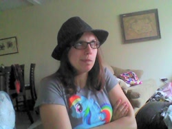Size: 500x375 | Tagged: safe, artist:mhcdebatesfoo, imported from derpibooru, rainbow dash, human, brony, clothes, fedora shaming, hat, irl, irl human, itsthinking bait, parody, photo, t-shirt, trilby