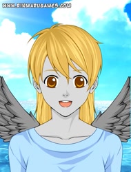 Size: 455x600 | Tagged: safe, artist:rocketpokemaster, imported from derpibooru, derpy hooves, human, female, humanized, looking at you, smiling, solo, spread wings, underp, winged humanization