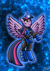 Size: 827x1169 | Tagged: safe, artist:darklamprey, imported from derpibooru, twilight sparkle, alicorn, pony, armor, blue lantern, crossover, dc comics, female, green lantern, green lantern (comic), horn ring, mare, solo, space, superhero costume, twilight sparkle (alicorn)