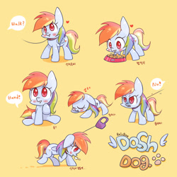 Size: 3000x3000 | Tagged: safe, artist:joycall6, imported from derpibooru, rainbow dash, pegasus, pony, behaving like a dog, big ears, blushing, collar, cute, dashabetes, english, eyes closed, female, floppy ears, food, food bowl, glare, gritted teeth, heart, high res, kibble, korean, leash, offscreen character, panting, pet, pet play, pet-dash, pony pet, prone, puppy ponies, raised hoof, simple background, sitting, sleeping, smiling, solo, speech bubble, zzz