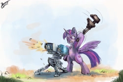 Size: 3000x2000 | Tagged: safe, artist:lukeine, imported from derpibooru, twilight sparkle, alicorn, pony, angry, bipedal, female, high res, mare, pun, sentry, solo, team fortress 2, twilight sparkle (alicorn), visual pun, wrench