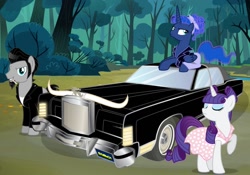 Size: 1070x747 | Tagged: safe, artist:claritea, imported from derpibooru, princess luna, rarity, oc, oc:sketchy, car, clothes, jacket, leather jacket, lincoln (car), lincoln continental