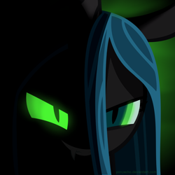 Size: 1000x1000 | Tagged: safe, artist:ponyecho, imported from derpibooru, queen chrysalis, changeling, changeling queen, evil grin, female, glowing eyes, grin, show accurate, solo