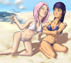 Size: 1950x1720 | Tagged: safe, artist:tehursus, imported from derpibooru, fluttershy, twilight sparkle, human, beach, female, humanized, lesbian, shipping, sun, twishy