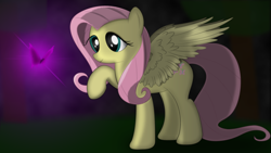 Size: 1920x1080 | Tagged: safe, artist:izeer, imported from derpibooru, fluttershy, butterfly, female, night, solo