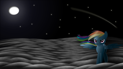 Size: 1922x1082 | Tagged: safe, artist:izeer, imported from derpibooru, rainbow dash, cloud, cloudy, female, full moon, moon, night, night sky, shooting star, solo, spread wings, stars