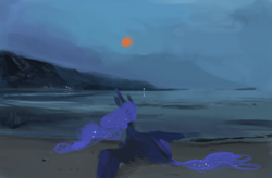 Size: 868x570 | Tagged: safe, artist:sterfler, imported from derpibooru, princess luna, beach, lights, lying, moon, mountain, reflection, scenery, solo, spread wings, water, wings