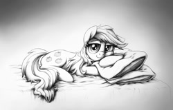 Size: 1100x704 | Tagged: safe, artist:verulence, edit, imported from derpibooru, applejack, bed, female, fix, grayscale, looking at you, loose hair, monochrome, morning ponies, pillow, prone, solo