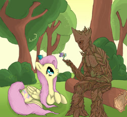 Size: 864x792 | Tagged: source needed, useless source url, safe, artist:effervecentlytwee, imported from derpibooru, fluttershy, crossover, flower, groot, guardians of the galaxy, marvel