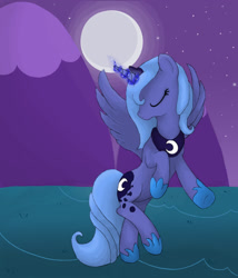 Size: 1152x1344 | Tagged: safe, artist:effervecentlytwee, imported from derpibooru, princess luna, pony, bipedal, eyes closed, female, magic, moon, night, s1 luna, solo, spread wings