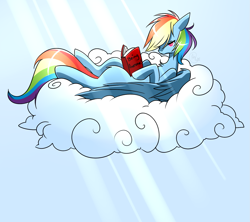 Size: 1607x1425 | Tagged: safe, artist:haydee, imported from derpibooru, rainbow dash, book, cloud, female, lying, on back, reading, solo