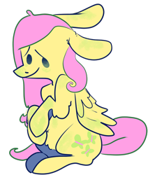 Size: 756x891 | Tagged: safe, artist:pizzakladd, imported from derpibooru, fluttershy, female, floppy ears, sitting, smiling, solo