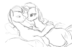 Size: 1263x817 | Tagged: safe, artist:patch, imported from derpibooru, davenport, rarity, bed, bedroom eyes, belly, crack shipping, cuddling, davenity, eye contact, female, hug, male, monochrome, on side, pregnant, rariport, shipping, side, sketch, smiling, snuggling, straight