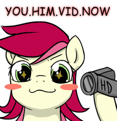 Size: 600x621 | Tagged: artist needed, safe, imported from derpibooru, roseluck, earth pony, pony, blushing, camcorder, female, looking at you, mare, simple background, smiling, solo, you. me. x. now.