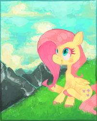 Size: 806x1003 | Tagged: safe, artist:chickenmcfuckit, imported from derpibooru, fluttershy, female, sitting, smiling, solo