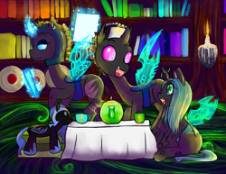 Size: 3080x2380 | Tagged: safe, artist:ryuredwings, imported from derpibooru, nightmare moon, queen chrysalis, oc, oc:tarrlok, changeling, nymph, filly queen chrysalis, tea party, younger