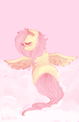 Size: 937x1447 | Tagged: safe, artist:cutefurry, imported from derpibooru, fluttershy, cloud, cloudy, female, looking back, sitting, solo, spread wings