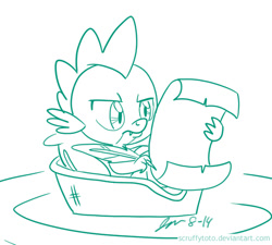 Size: 500x449 | Tagged: safe, artist:scruffytoto, imported from derpibooru, spike, male, monochrome, quill, scroll, solo