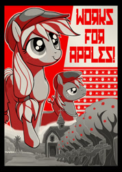 Size: 1067x1500 | Tagged: safe, artist:fidzfox, imported from derpibooru, applejack, big macintosh, earth pony, pony, apple, communism, fake cyrillic, male, poster, propaganda, propaganda poster, stallion