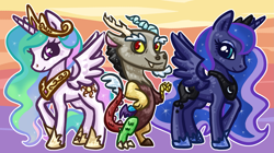 Size: 3005x1681 | Tagged: safe, artist:xerophilous, imported from derpibooru, discord, princess celestia, princess luna, chibi