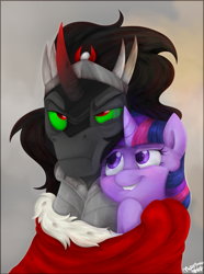 Size: 869x1171 | Tagged: safe, artist:mickeymonster, artist:mn27, imported from derpibooru, king sombra, twilight sparkle, pony, :t, bedroom eyes, cape, clothes, cuddling, duo, female, frown, grin, lip bite, male, raised eyebrow, shipping, smiling, snuggling, squishy cheeks, straight, twibra, unamused