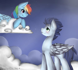 Size: 1024x916 | Tagged: safe, artist:drawing-heart, imported from derpibooru, rainbow dash, soarin', blushing, cloud, cloudy, female, male, shipping, smiling, soarindash, stars, straight, twilight (astronomy)