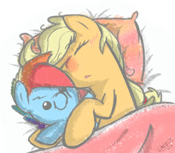 Size: 787x685 | Tagged: safe, artist:nolycs, imported from derpibooru, applejack, rainbow dash, :o, appleblitz (straight), appledash, bed, blushing, cute, female, half r63 shipping, hug, male, pillow, plushie, rainbow blitz, red nosed, rule 63, shipping, sick, sleeping, solo, straight
