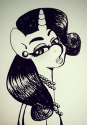 Size: 891x1280 | Tagged: safe, artist:equestrian-strumpet, imported from derpibooru, rarity, earring, eyelashes, grayscale, lipstick, mascara, monochrome, necklace, pearl, traditional art