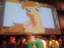 Size: 1024x768 | Tagged: dead source, safe, imported from derpibooru, oc, oc only, oc:cream heart, human, convention, galacon, irl, irl human, jananimations, photo, screen, stage