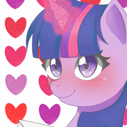 Size: 850x850 | Tagged: safe, artist:cl, imported from derpibooru, twilight sparkle, blushing, cute, female, heart, letter, magic, pixiv, solo, twiabetes