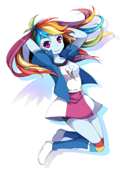 Size: 1239x1752 | Tagged: safe, artist:huaineko, imported from derpibooru, rainbow dash, equestria girls, clothes, cute, dashabetes, female, looking at you, pixiv, simple background, skirt, solo, white background