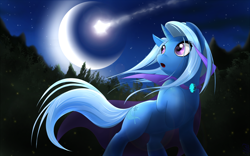Size: 3000x1875 | Tagged: safe, artist:malifikyse, imported from derpibooru, trixie, pony, unicorn, female, hatless, mare, missing accessory, moon, night, shooting star, solo