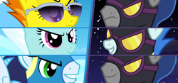 Size: 1920x900 | Tagged: safe, artist:neodarkwing, imported from derpibooru, descent, fleetfoot, nightshade, soarin', spitfire, shadowbolts, wonderbolts