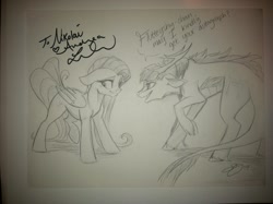 Size: 1000x747 | Tagged: safe, artist:probablyfakeblonde, imported from derpibooru, fluttershy, oc, oc:lady snow, kirin, andrea libman, autograph, monochrome, predicted the show, signature, traditional art