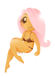 Size: 577x800 | Tagged: artist needed, safe, artist:scheadar, imported from derpibooru, fluttershy, human, barefoot, bikini, cleavage, clothes, feet, female, hair over one eye, humanized, looking at you, simple background, smiling, solo, swimsuit, white background