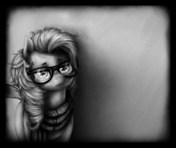 Size: 1280x1080 | Tagged: safe, artist:ventious, imported from derpibooru, pinkie pie, earth pony, pony, alternate hairstyle, clothes, female, frown, glasses, grayscale, hipster, lidded eyes, monochrome, raised eyebrow, scarf, solo, unamused