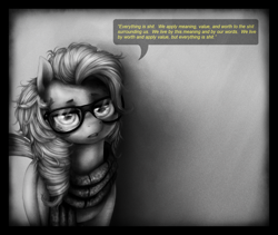 Size: 1280x1080 | Tagged: safe, artist:ventious, imported from derpibooru, pinkie pie, earth pony, pony, alternate hairstyle, clothes, female, glasses, grayscale, hipster, interior semiotics, monochrome, partial color, quote, scarf, solo, speech bubble, vulgar