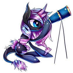 Size: 894x894 | Tagged: safe, artist:inky-pinkie, imported from derpibooru, oc, oc only, oc:stellar radiance, classical unicorn, leonine tail, solo, stargazing, telescope